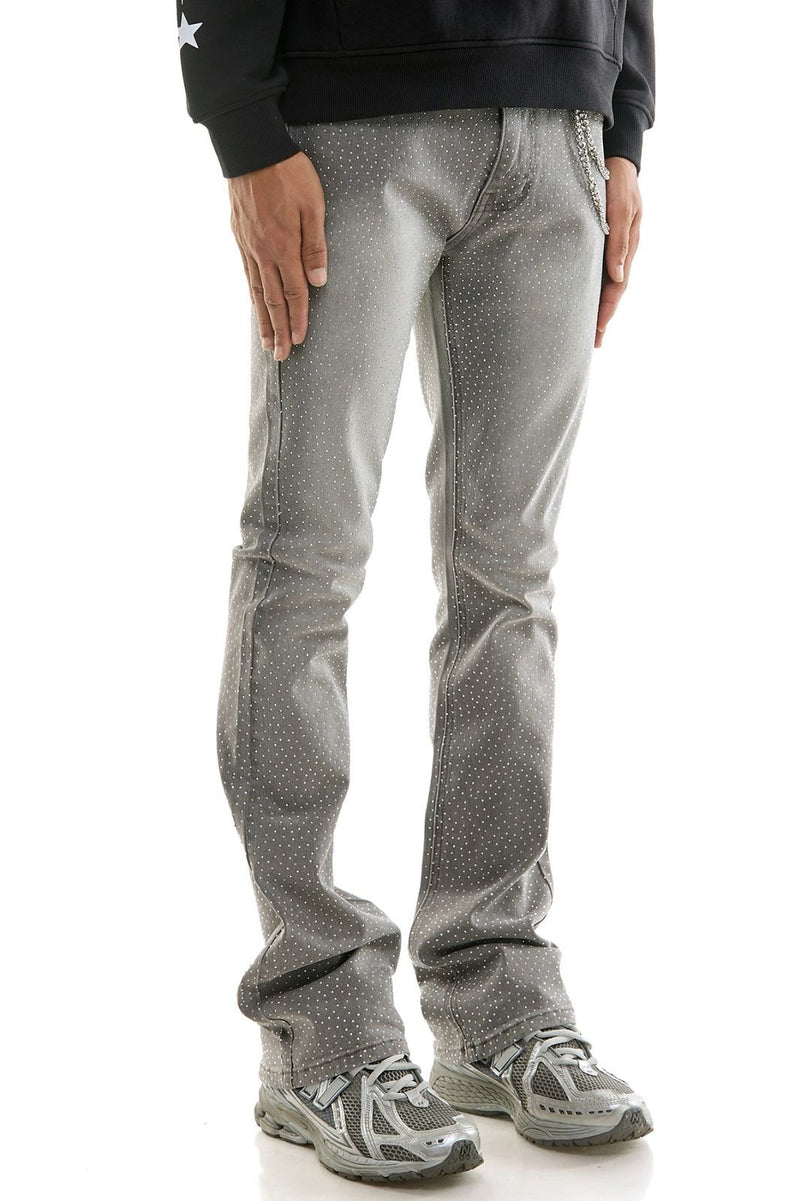 KDNK Men’s Rhinestone Skinny stacked Jeans with Chain - Grey