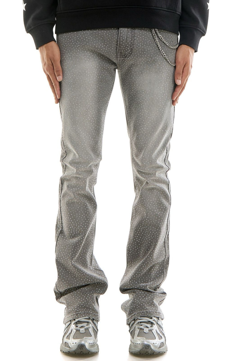 KDNK Men’s Rhinestone Skinny stacked Jeans with Chain - Grey