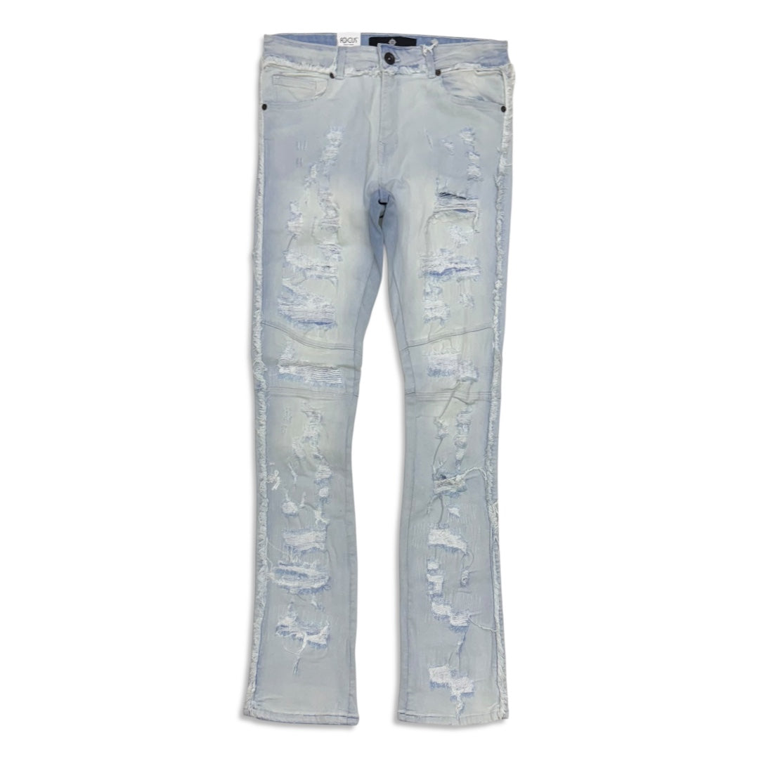 Focus denim (Blue wash frayed stitch knee line stacked jean)