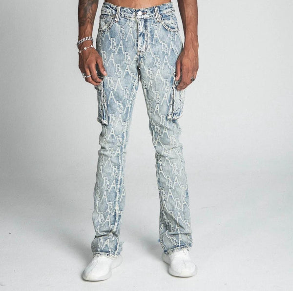 Armor Jeans (Light Blue Logo embroidery Mid-Rise Vintage Cargo Stacked Jean)