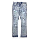 Denimicity Men’s Rip & Repair Stacked Jeans light wash with teal stitch