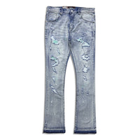 Denimicity Men’s Rip & Repair Stacked Jeans light wash with teal stitch