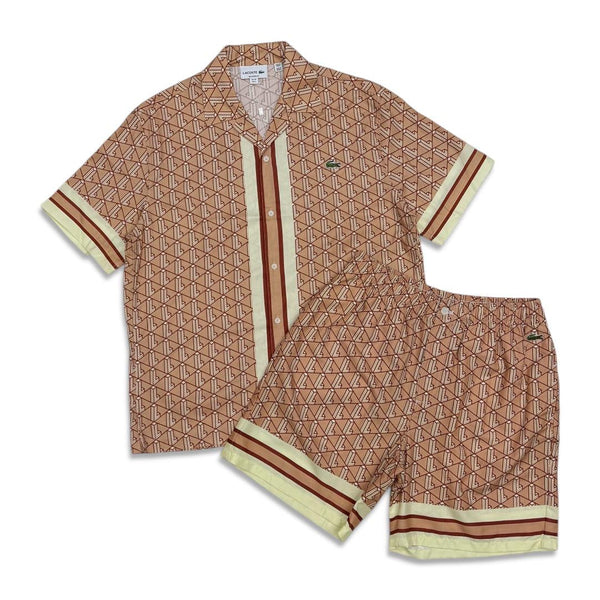 Lacoste Men's Monogram Button Down Print Short Set – Beige Brown