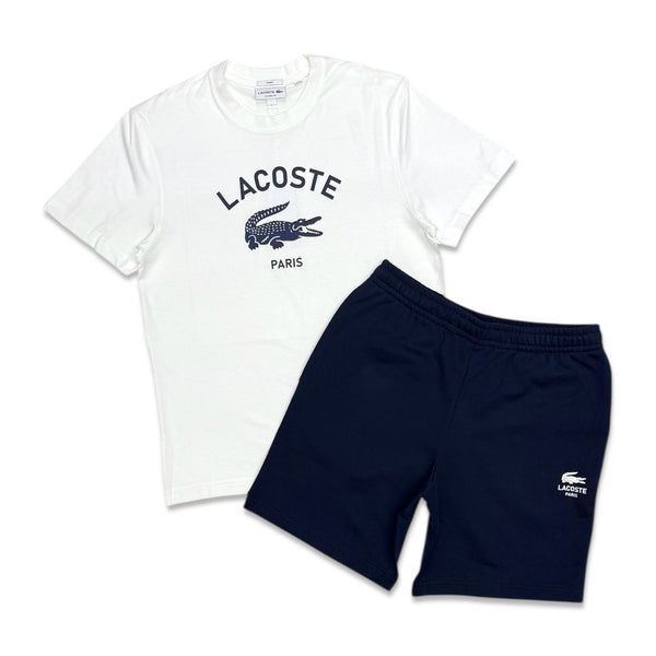 Lacoste Men's Signature Print Cotton Short Set - White/Navy Blue