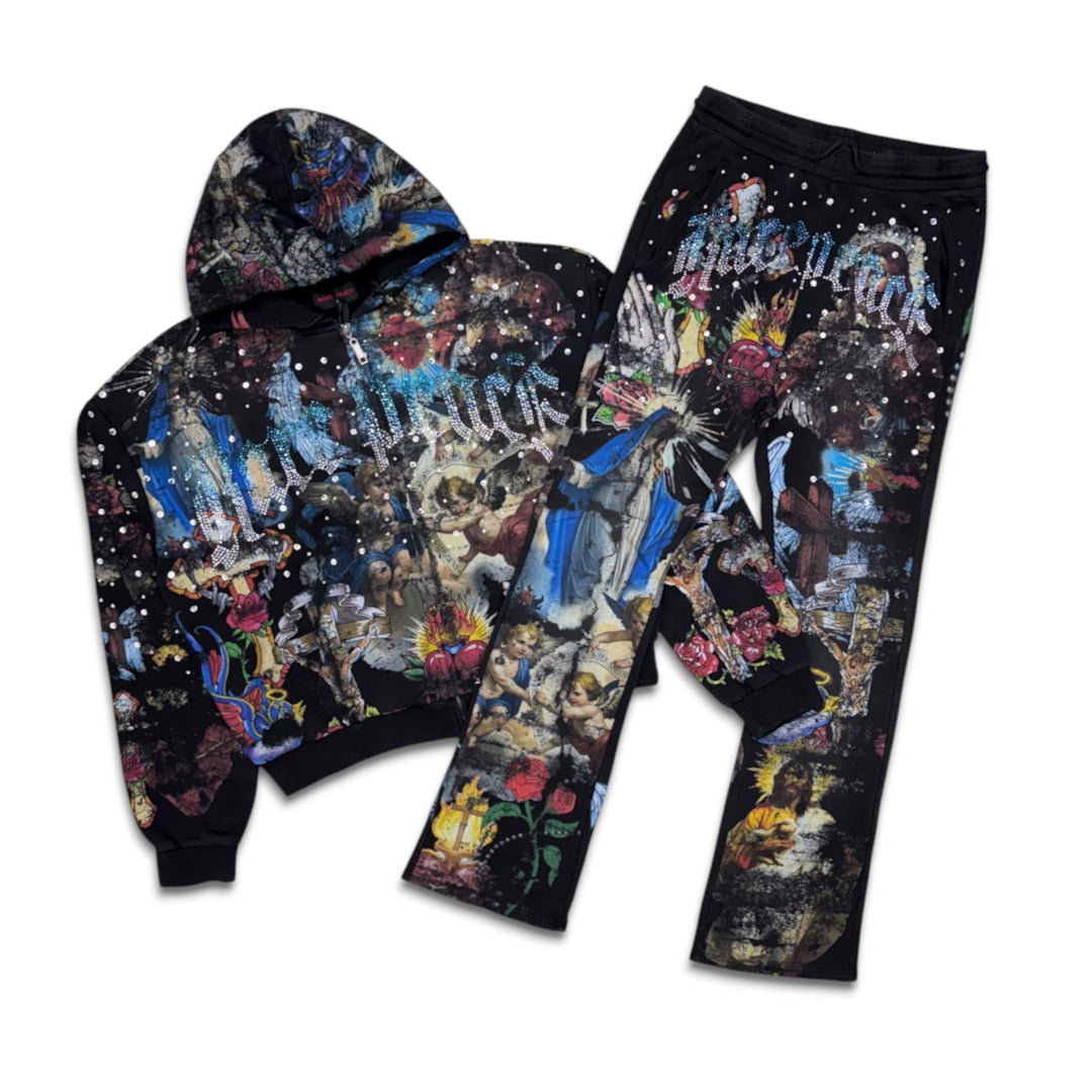 Rare Peace All Over Print Rhinestone Jogger Set Black