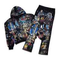 Rare Peace All Over Print Rhinestone Jogger Set Black