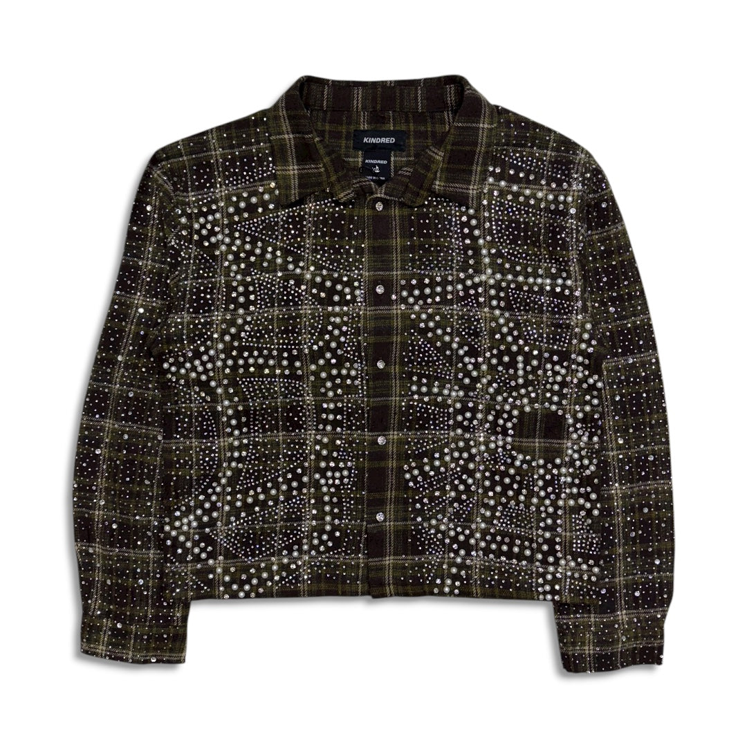 Kindred Men’s Cropped Rhinestone Pearl Flannel Shirt Olive