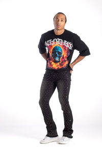 Kindred Men's Rhinestone Flame Skull Cropped Tee – Black