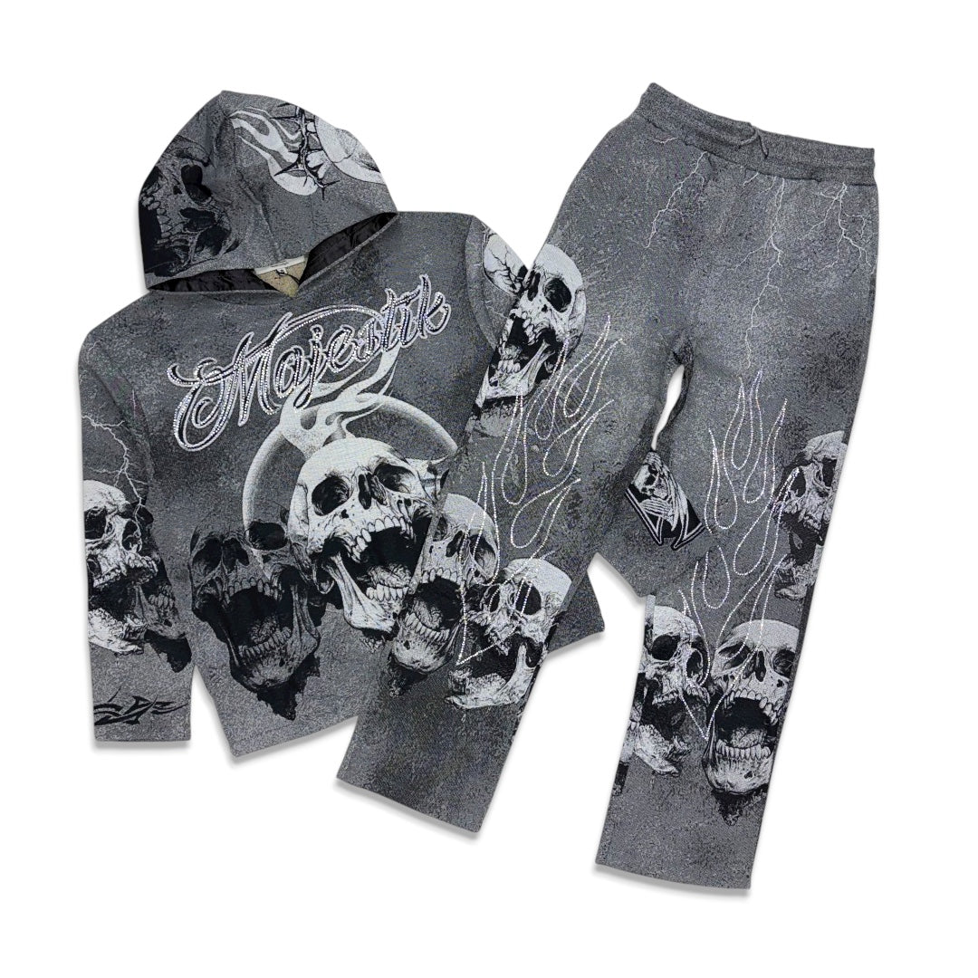 Majestik Men's Rhinestone Tapestry Skull Jogger Set Grey