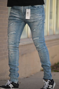 Dnm Story Men's bottom ripped jean -Vintage blue wash