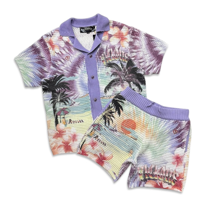 Vicious Denim Knitted Crochet Printed Button Down Set – Purple