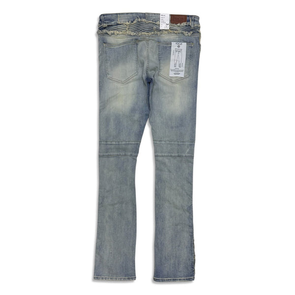 Focus denim (Blue tan wash frayed stitch knee line stacked jean)