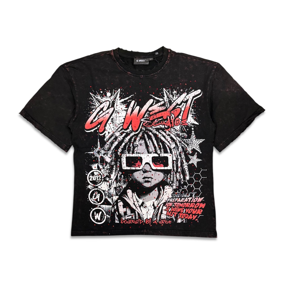 G west Men's Rhinestone Urban Genesis Tee Red/Black acid wash