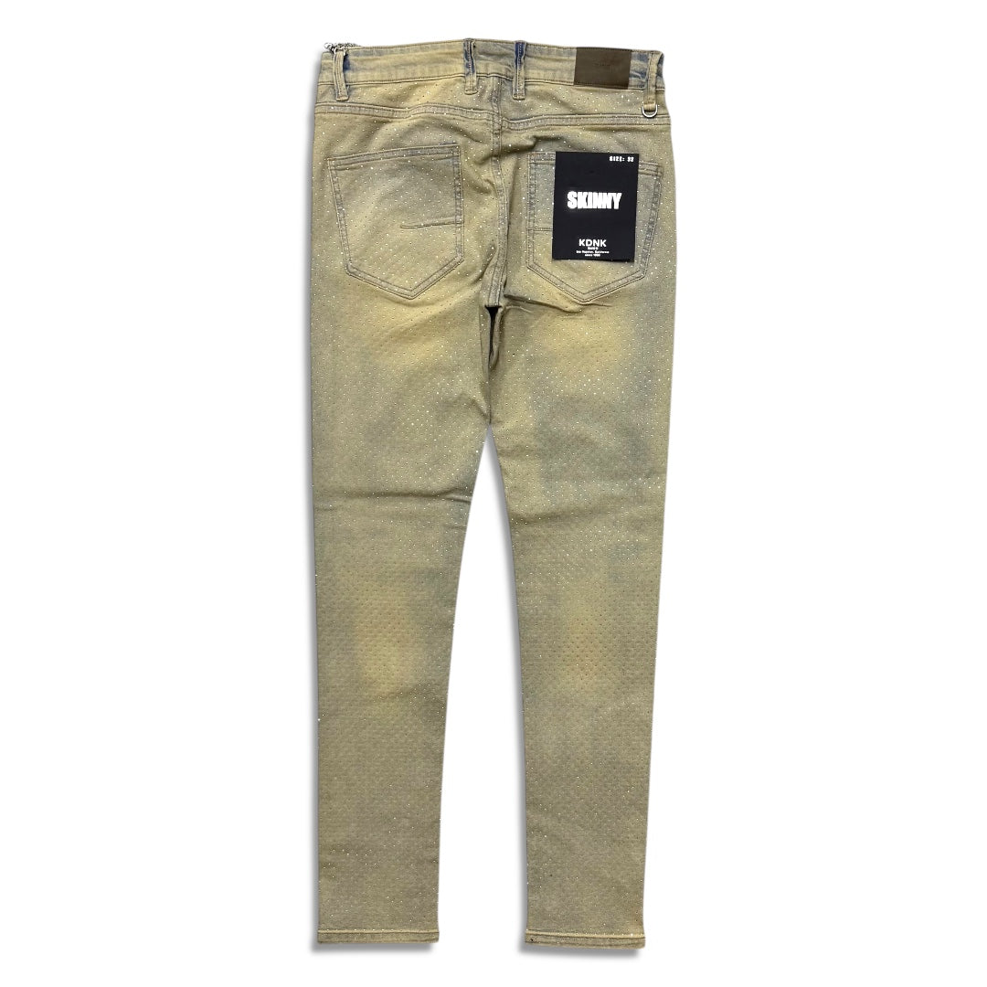 Kdnk Men's rhinestone skinny jeans tan blue wash