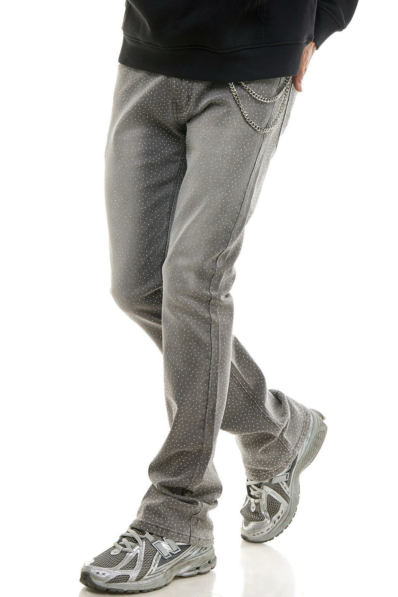 KDNK Men’s Rhinestone Skinny stacked Jeans with Chain - Grey