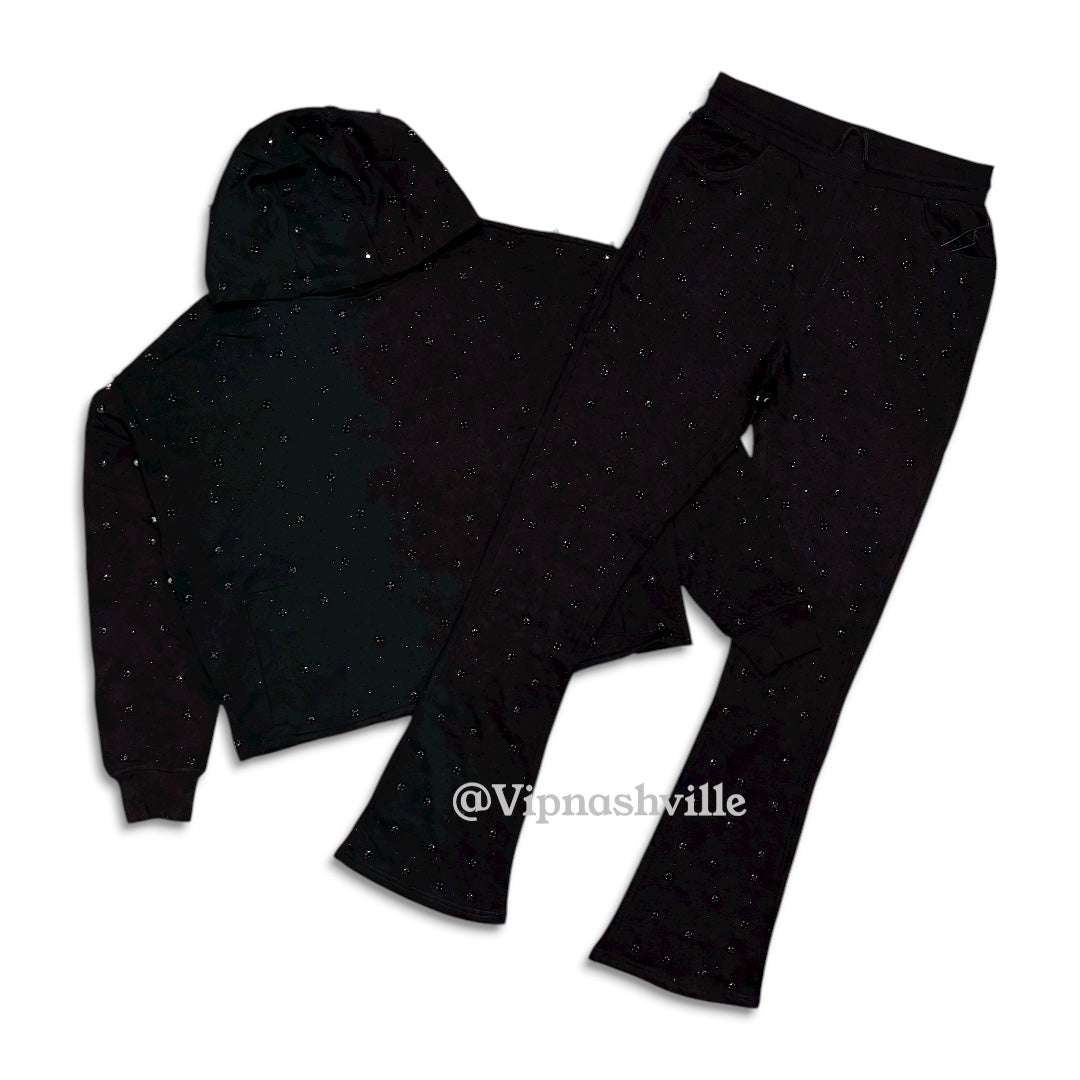 Rebel Denim French Terry Gloss Jet black Stones Stacked Jogger set