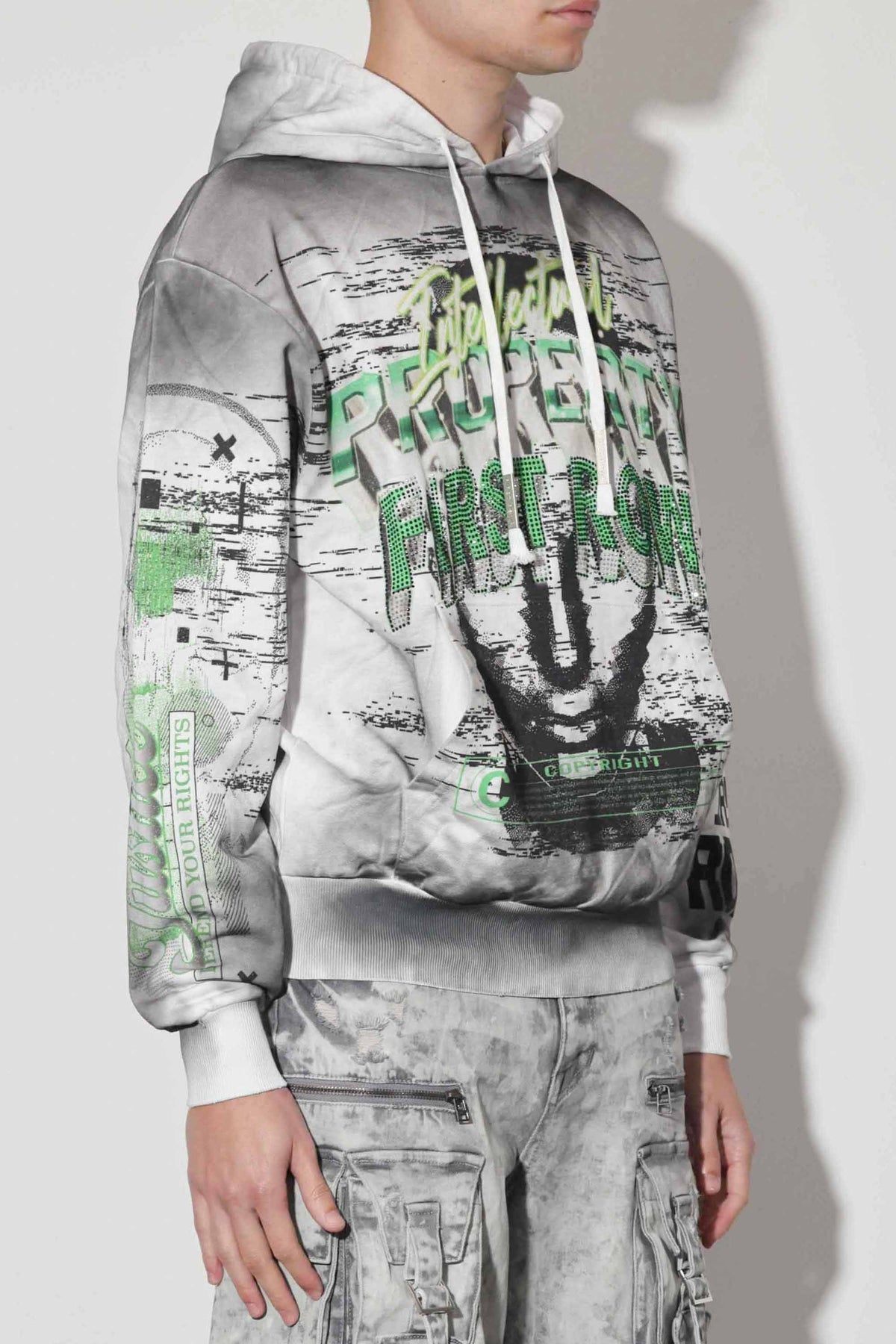 First Row White/Gray Intellectual Property Sprayed Hoodie