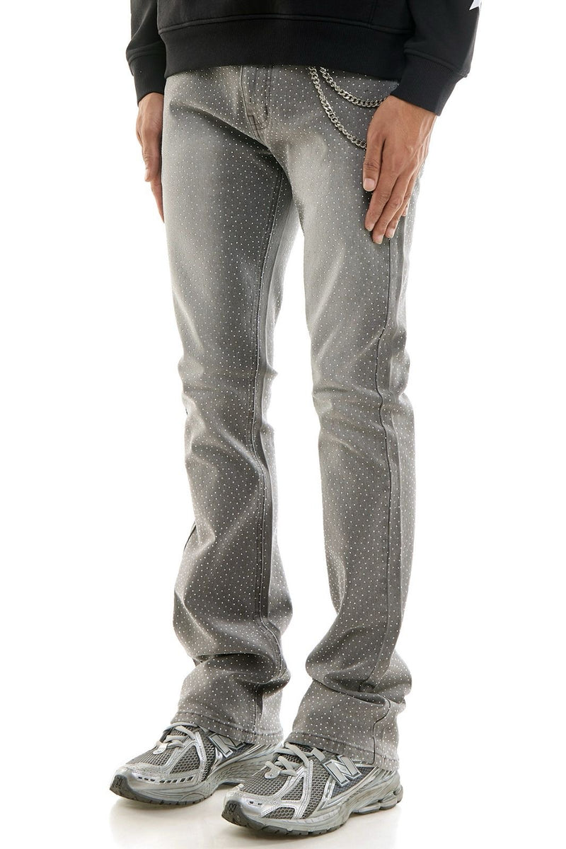 KDNK Men’s Rhinestone Skinny stacked Jeans with Chain - Grey