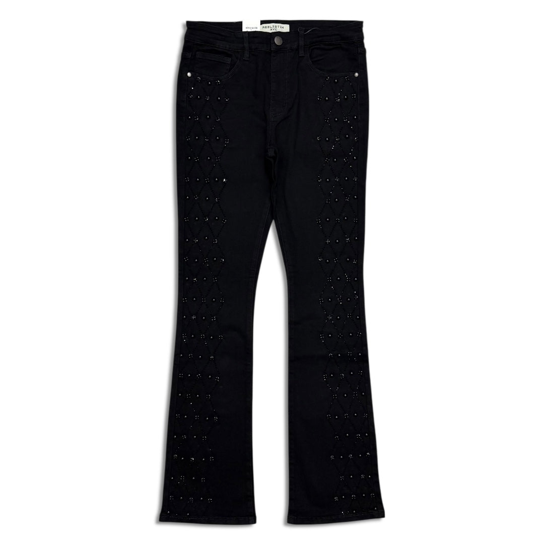 Reelistik Nyc Men's Diamond Studded stacked jeans -Jet black (RST-6036-1)