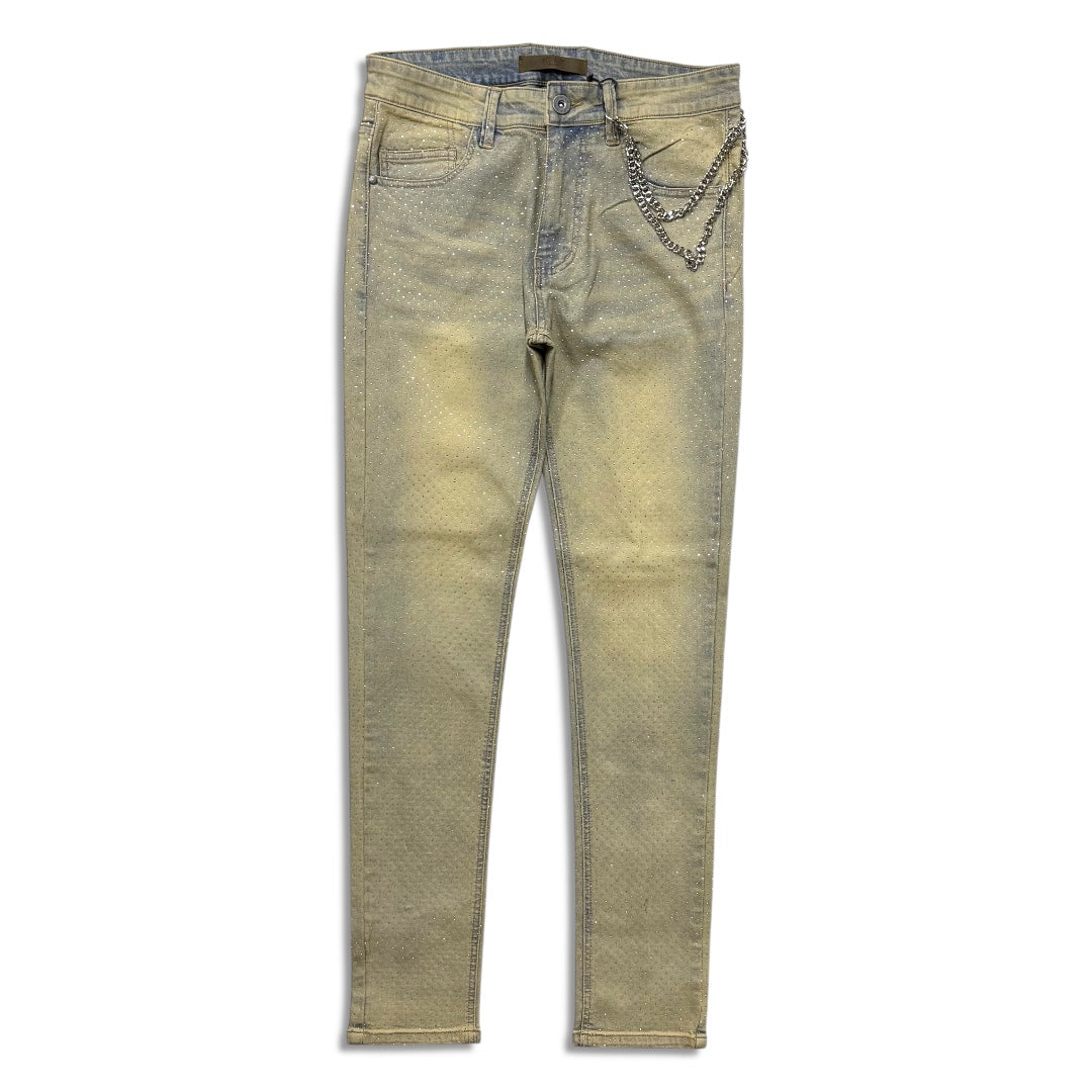Kdnk Men's rhinestone skinny jeans tan blue wash