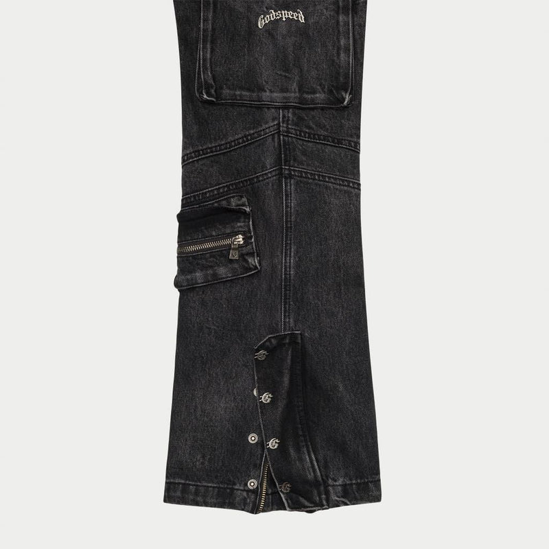 Godspeed rockstar flare cargo denim jean black wash