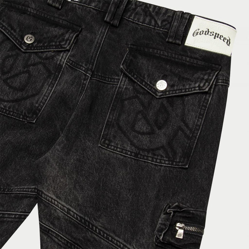 Godspeed rockstar flare cargo denim jean black wash