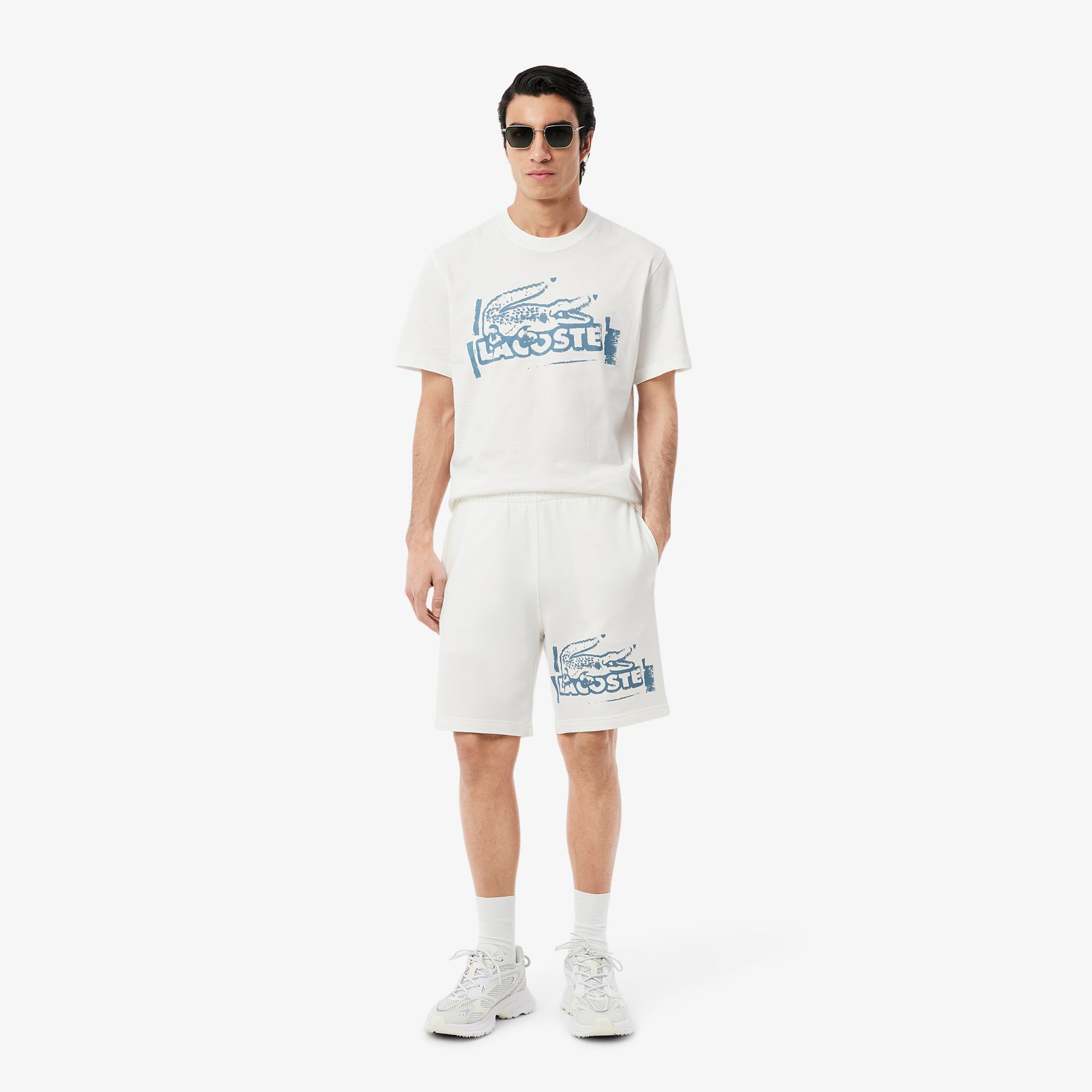 Lacoste Men's Graphic Print Cotton Fleece Shorts -white/blue GH0286-51-CPI