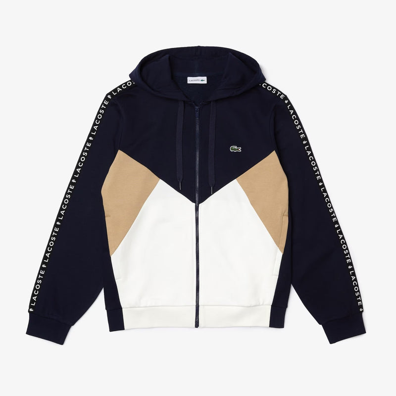 Lacoste (Men’s navy blue color block lettered fleece zip up hoodie)
