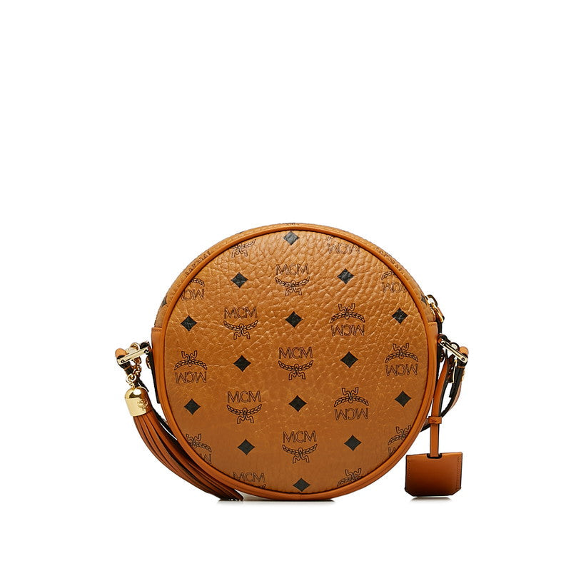 Mcm (Tambourine Medium Shoulder Bag Round in Visetos Brown Leather)