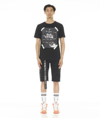 Cult of Individuality Rocker Stretch  Short belted in Grunge Black Wash