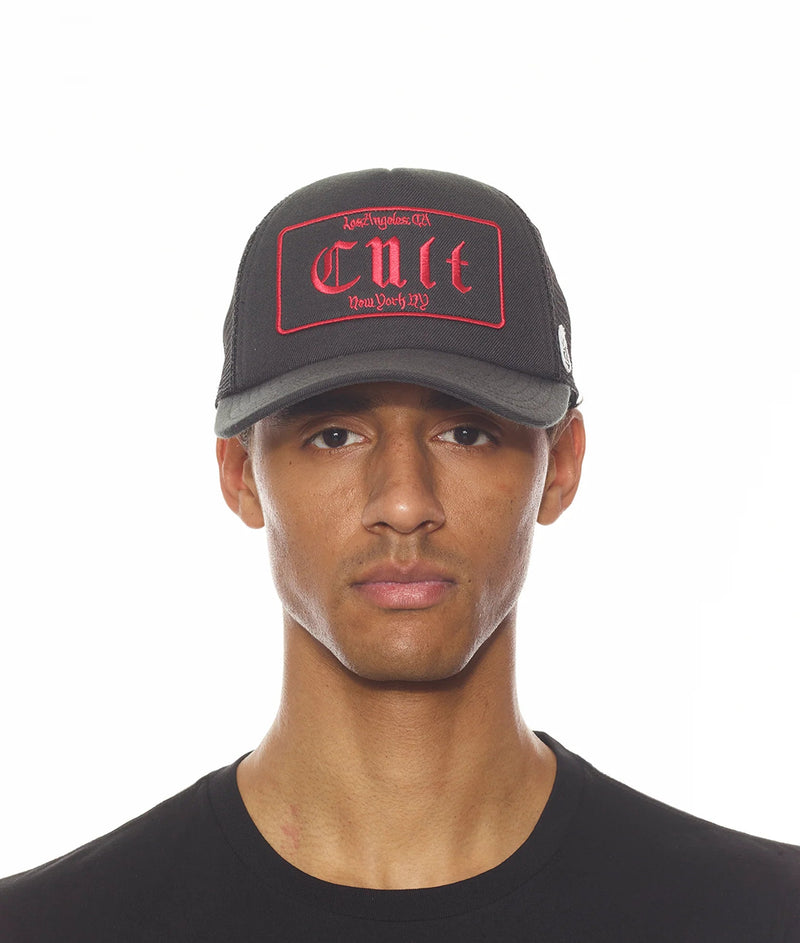 cult of individuality (black cult old english logo mesh back trucker hat)