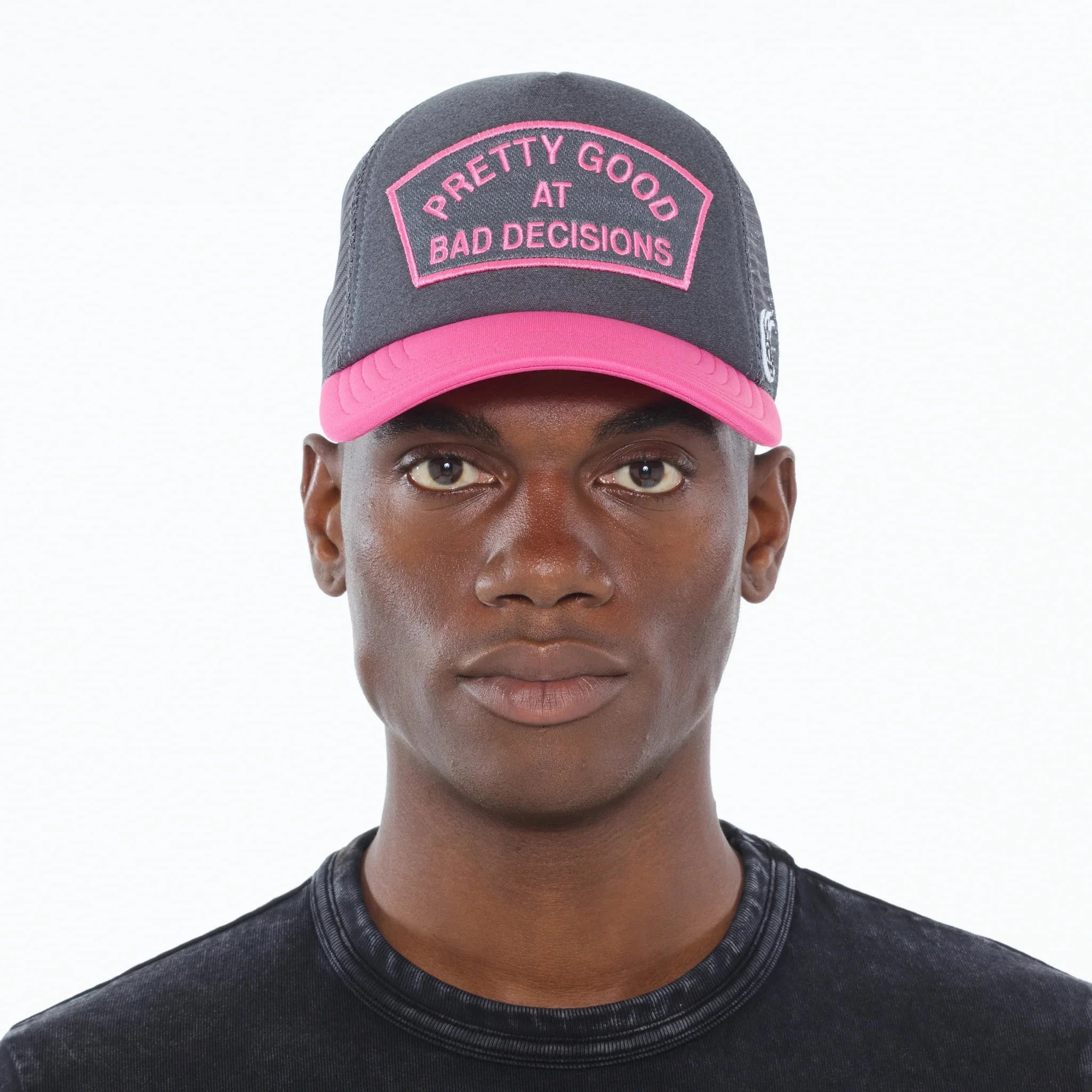 Cult of Individuality "Pretty Good at Bad Decisions" Mesh Trucker Hat - Steel Gray/Hot Pink
