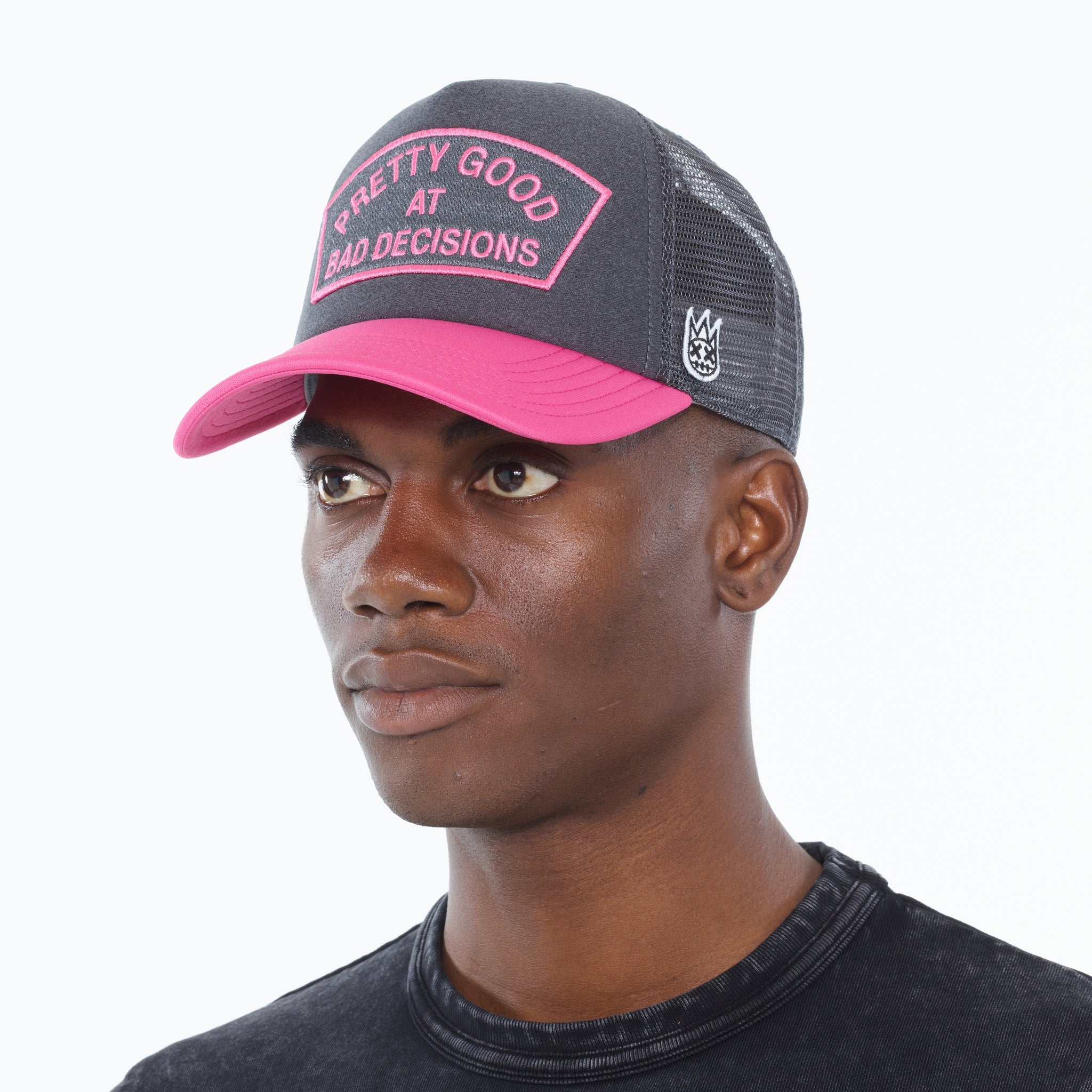 Cult of Individuality "Pretty Good at Bad Decisions" Mesh Trucker Hat - Steel Gray/Hot Pink
