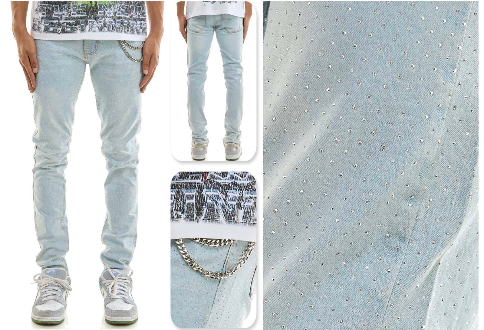 Kdnk Men's rhinestone skinny jeans light blue wash