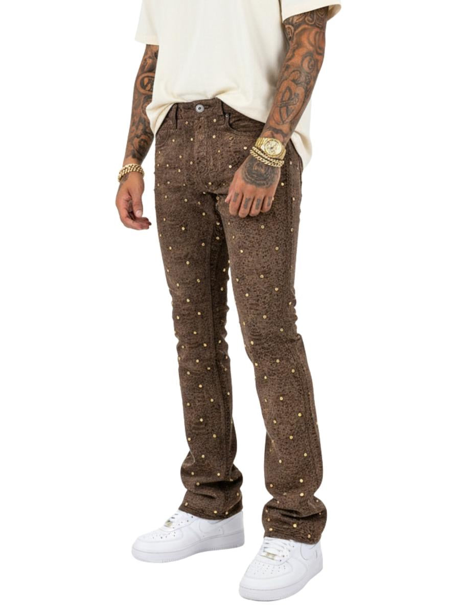 Vicious Denim Men's Stacked Embellished Jeans Brown