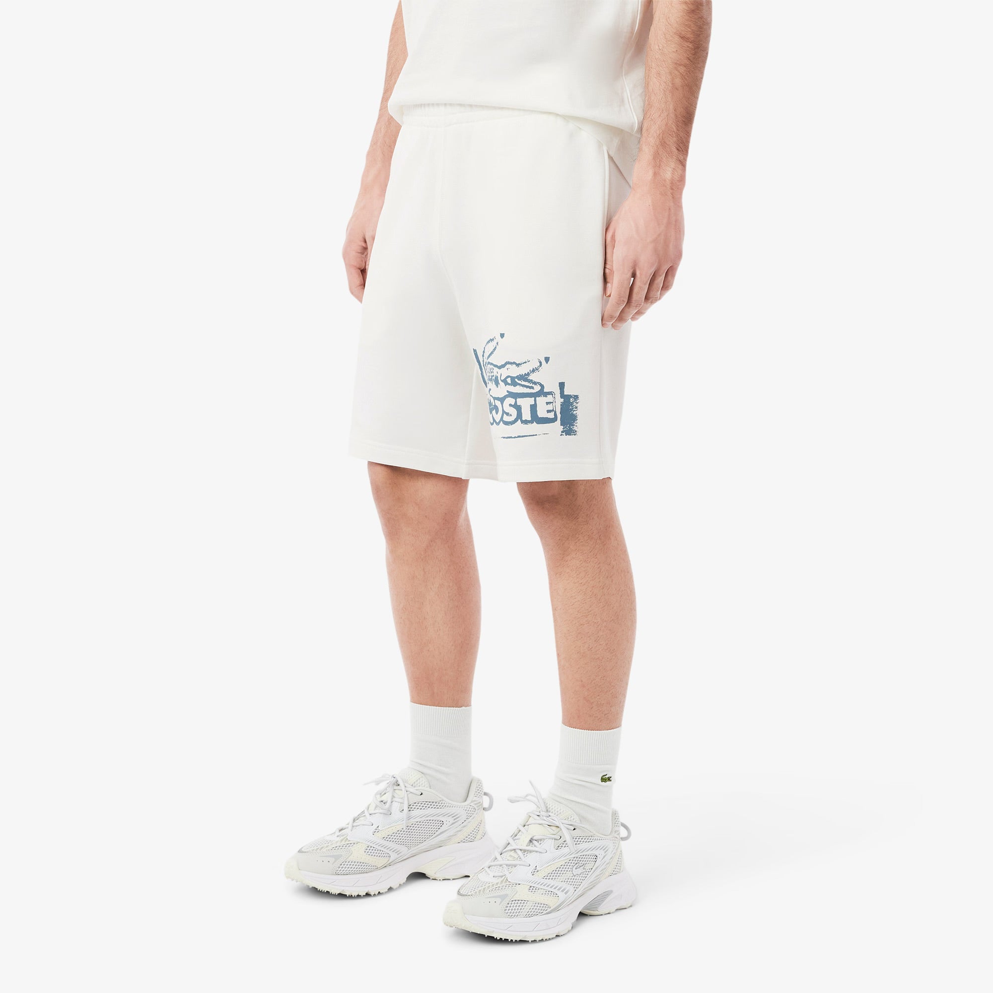 Lacoste Men's Graphic Print Cotton Fleece Shorts -white/blue GH0286-51-CPI