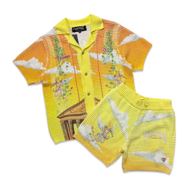 Vicious Denim Knitted Crochet Button Down Set – Yellow