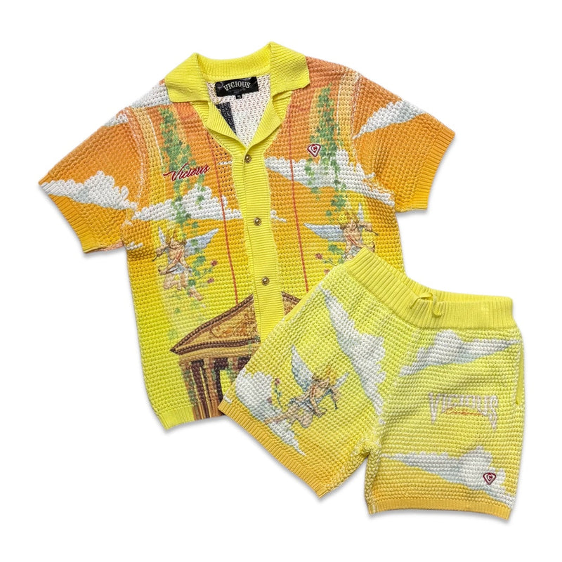 Vicious Denim Knitted Crochet Button Down Set – Yellow