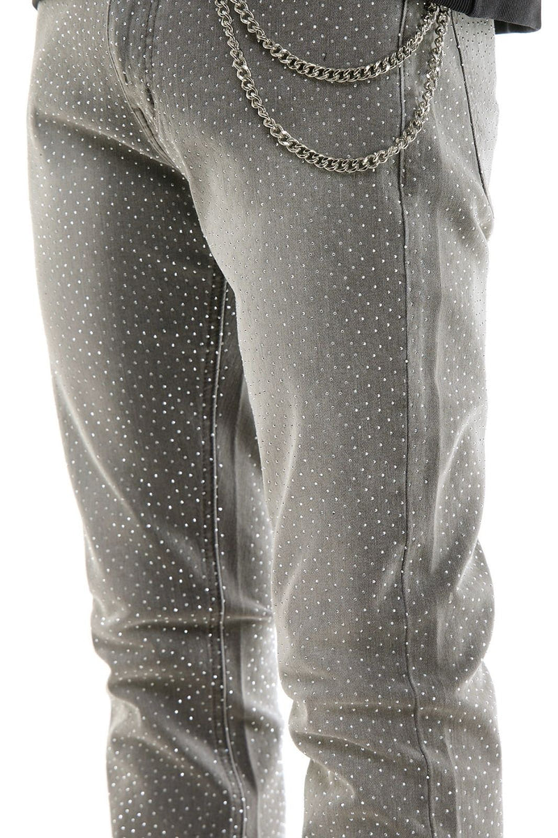 KDNK Men’s Rhinestone Skinny stacked Jeans with Chain - Grey
