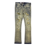 Denimicity Men’s Rip & Repair Stacked Jeans Dark Vintage with Olive stitch