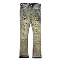 Denimicity Men’s Rip & Repair Stacked Jeans Dark Vintage with Olive stitch