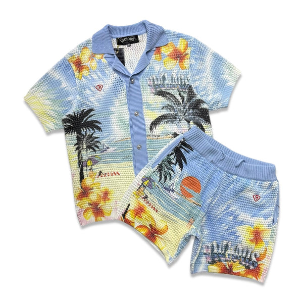 Vicious Denim Knitted Crochet Printed Button Down Short Set – Blue