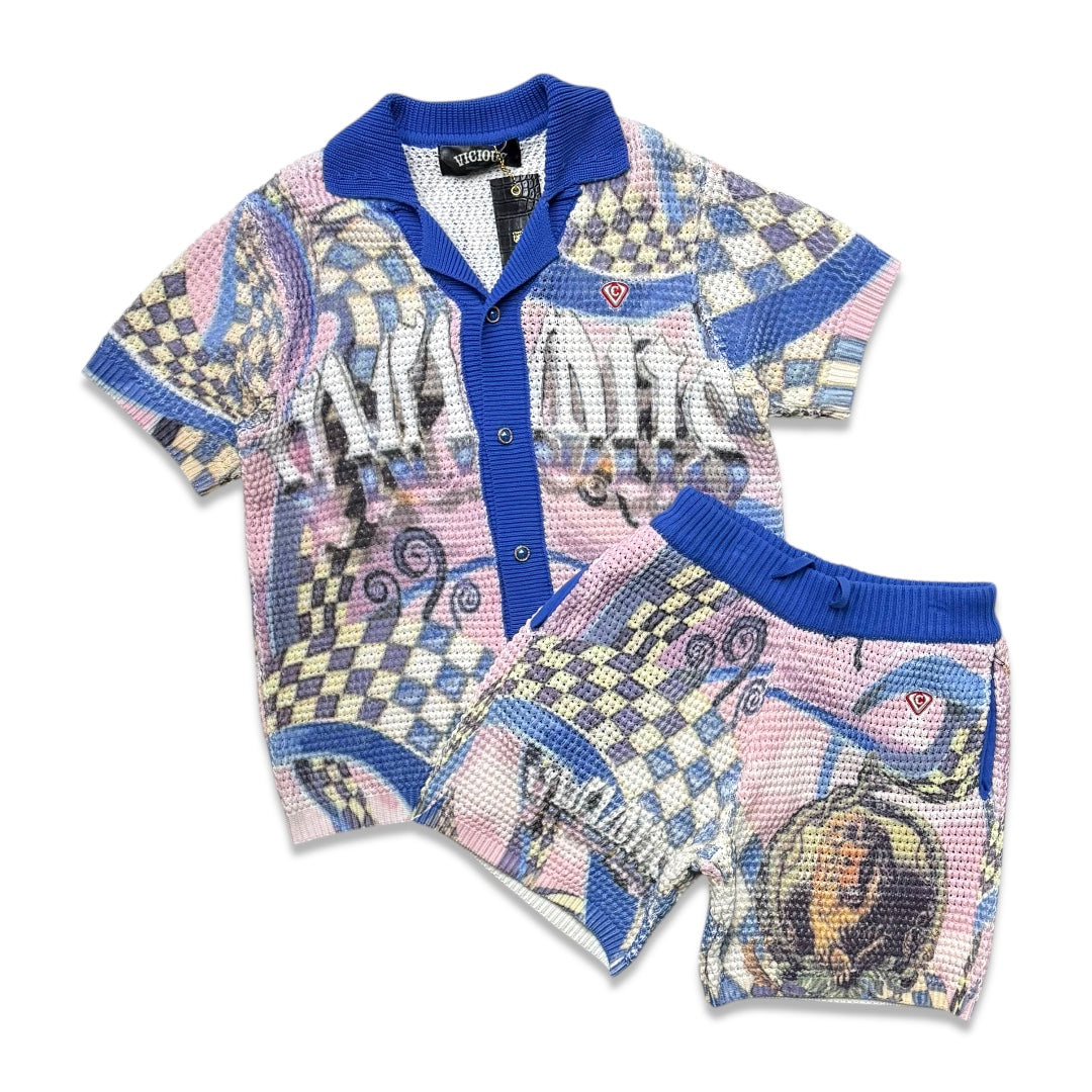 Vicious Denim Knitted Crochet Button Down Short Set – Blue/Pink