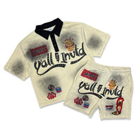 Kleep Y’all Invtd Crystal Stud Polo Short Set Cream