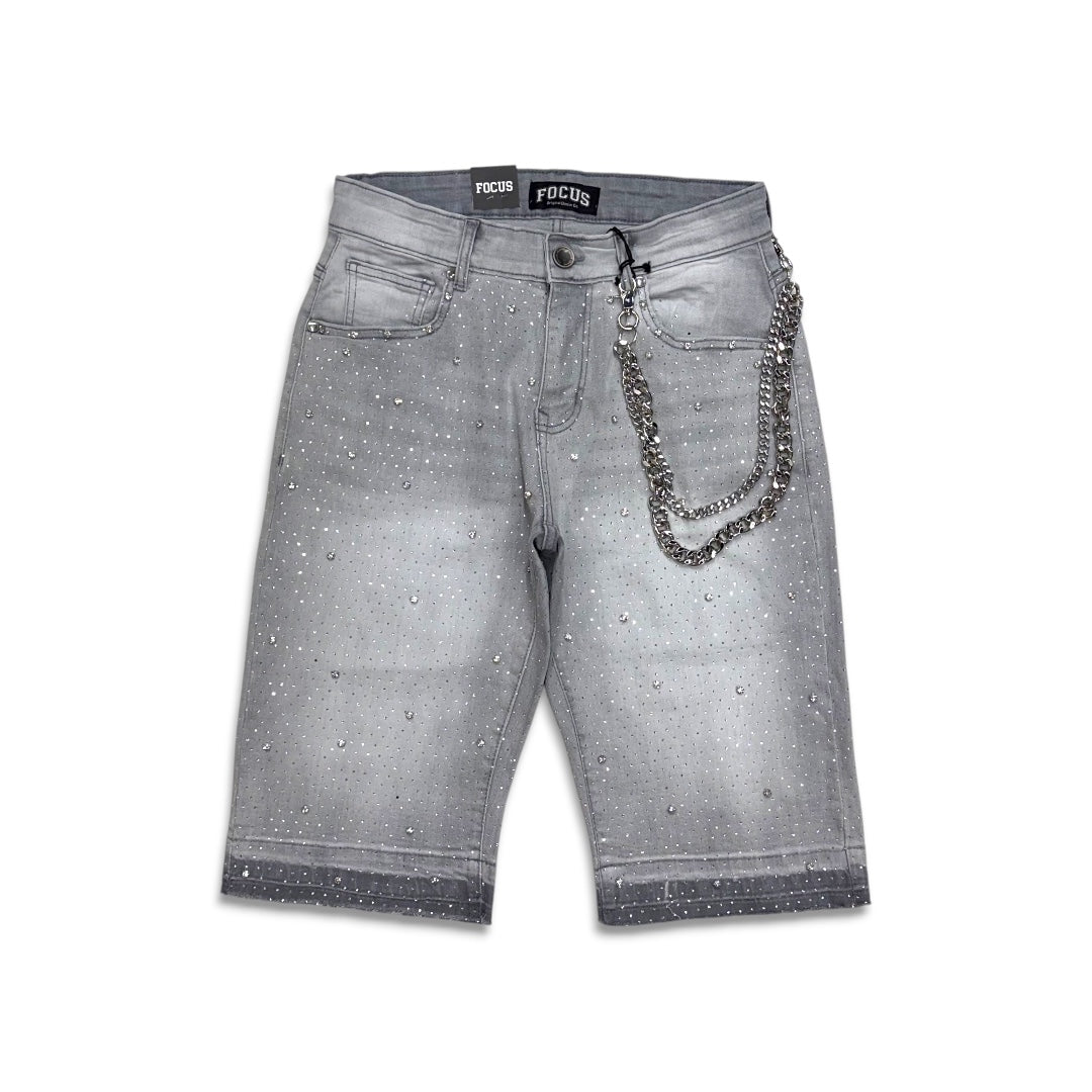 Focus Crystal Rhinestone Denim Shorts Grey