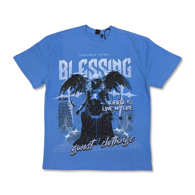 G West Blessing Rhinestone Graphic T-Shirt - Blue