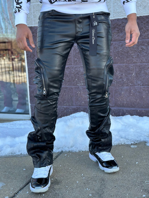 Vicious Denim (Black Embossed Leather Stacked Pu Pant)