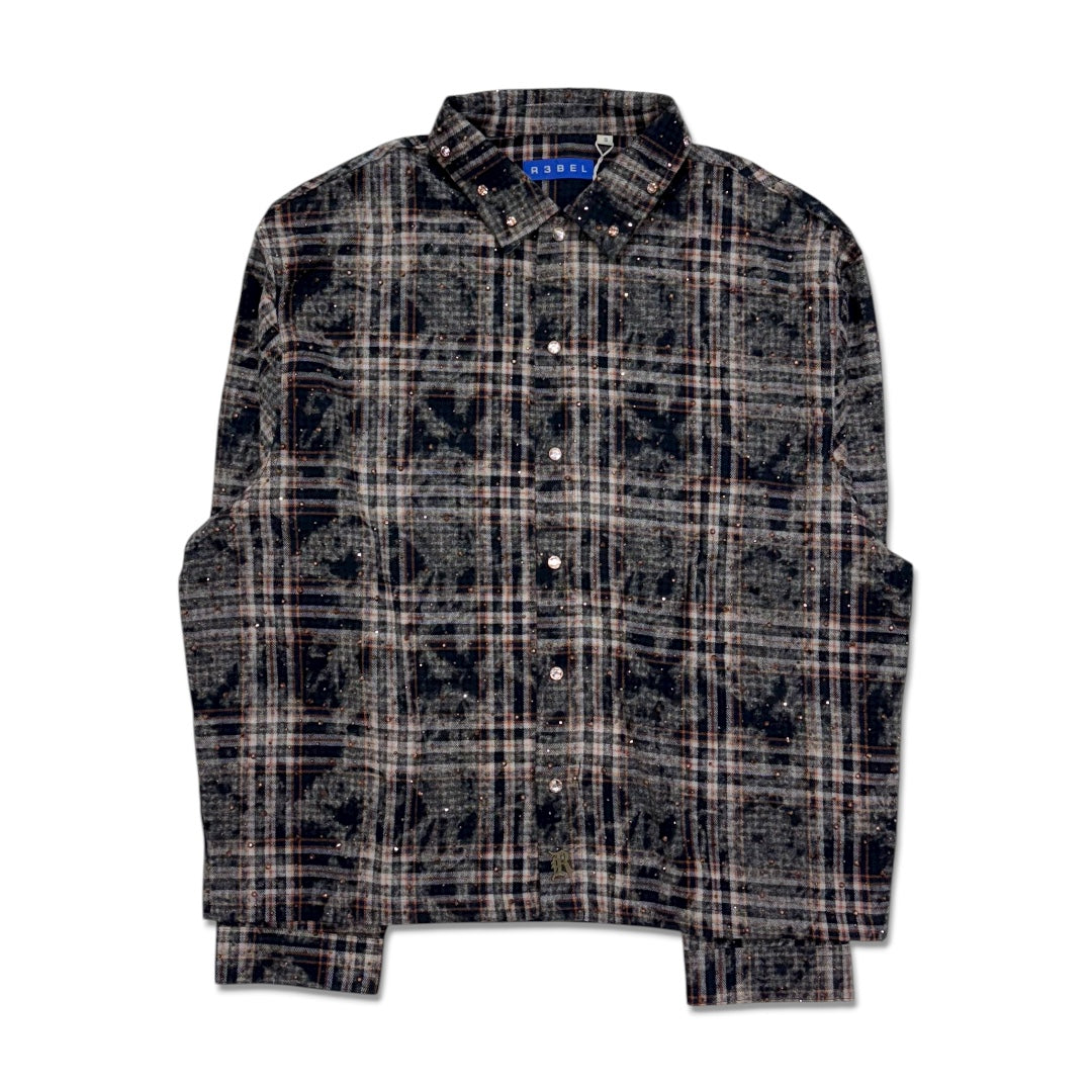 Rebel Denim Cropped Rhinestone Flannel Navy