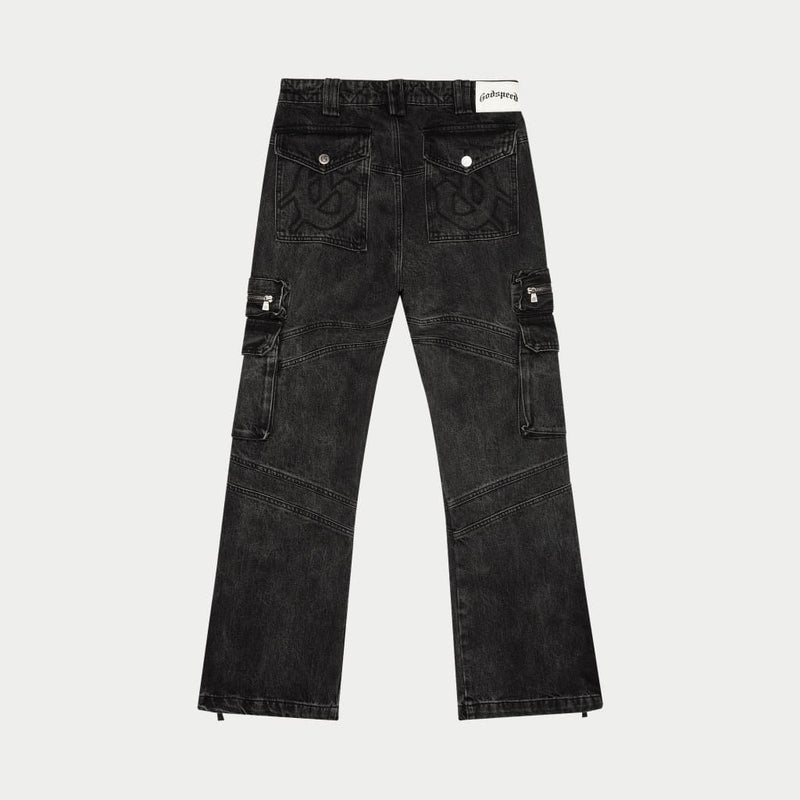 Godspeed rockstar flare cargo denim jean black wash