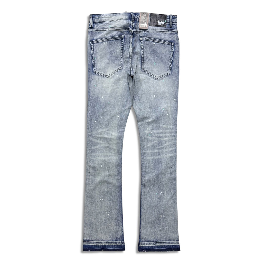 Denimicity Men’s Rip & Repair Stacked Jeans light wash with teal stitch